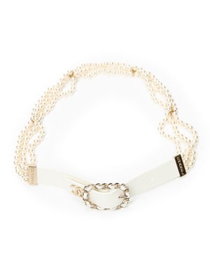 Chanel CC Leather and Chain Pearl Belt 75 en  blanco Cuero de ternero