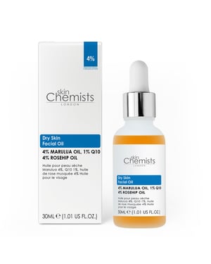skinChemists Sérum facial antiedad para piel seca con aceite de marula al 4%, Q10 al 1% y aceite de rosa mosqueta al 4% (30 ml).