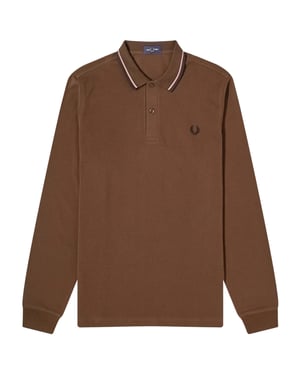 Camisa Polo De Manga Larga Fred Perry Negra Con Cuello De Doble Ribete Color Tabaco Quemado