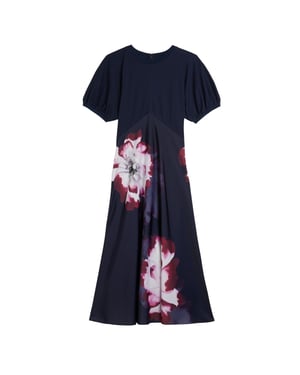 Vestido De Satén Azul Marino Estampado Con Corpiño De Punto Mitzic De Ted Baker