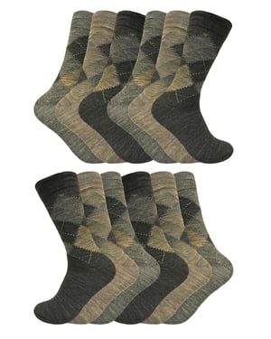 Paquete de 12 pares de calcetines de lana de cordero para hombre | Snob de calcetines | Calcetines finos y suaves de nido de abeja con estampado de Argyle - Marrón