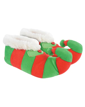 Novedad Niños Navidad Elfo Zapatillas | Funky Fleece Linied Red & Green Striped Xmas Slippers for Kids - Red & Green