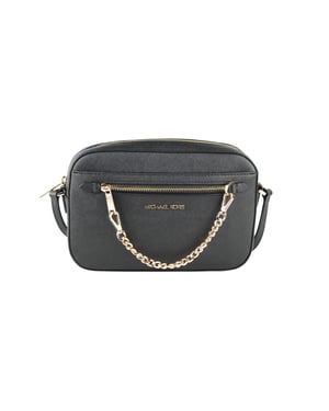 Bolso cruzado grande East West de cuero Saffiano con cadena y cremallera Jet Set de Michael Kors para mujer (Negro sólido/Oro)