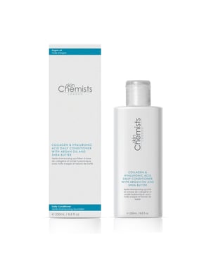 skinChemists Acondicionador diario con colágeno y ácido hialurónico, aceite de argán y manteca de karité, 250 ml.