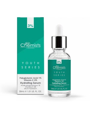 skinChemists Sérum hidratante antiedad con ácido poliglutámico al 1% y vitamina C al 3%, 30 ml.