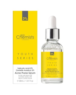 skinChemists Sérum antiedad para piel con tendencia al acné. Ácido salicílico al 2%, Centella asiática al 3%. 30 ml.