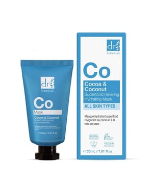 Dr. Botanicals Mascarilla hidratante revitalizante antiedad de cacao y coco con superalimentos, 30 ml.