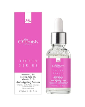 skinChemists Sérum antiedad avanzado con vitamina C al 3%, ácido ferúlico al 1% y vitamina E al 1% (30 ml).