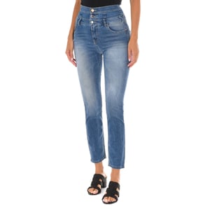 Pantalon Tejano Largo efecto gastado de tejido elástico 10DBF0807 mujer