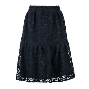 Falda midi de jacquard negro con encaje – Poliéster texturizado suave, cintura elástica