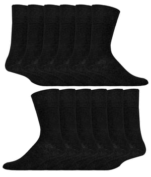 12 Pares Multipack Gentle Grip Top Diabetic Socks | IOMI | Mid Calf Loose Top Non Elastic Cotton Socks with Handlinked Seamless Toe - Black