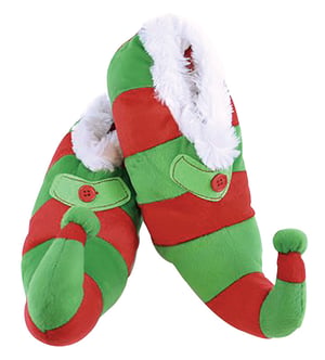 Novedad Niños Navidad Elfo Zapatillas | Funky Fleece Linied Red & Green Striped Xmas Slippers for Kids - Red & Green