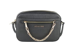 Bolso cruzado grande East West de cuero Saffiano con cadena y cremallera Jet Set de Michael Kors para mujer (Negro sólido/Oro)