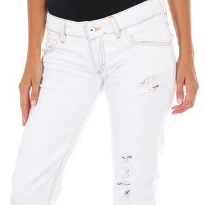 Pantalon Tejano Largo efecto roto y bajos estrechos E014152 mujer