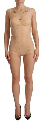 Bodysuit de Nylon Floral con Encaje Beige para Mujeres de Dolce & Gabbana