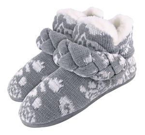 Dunlop - Ladies Knitted Warm Fleece Plush Slippers Boots/Booties in Grey Fairisle and Pink Cord Styles