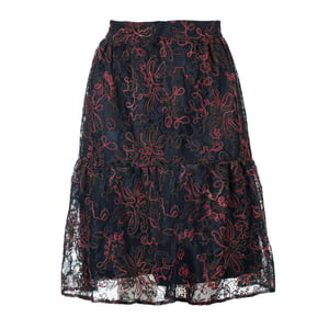 Falda de encaje negra con costura roja oscura – Mezcla de viscosa-lana, por debajo de la rodilla, cintura elástica