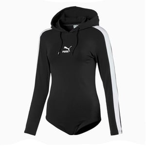 Puma Classics para mujeres con capucha con capucha de manga larga Bodysuit negro 596709 01