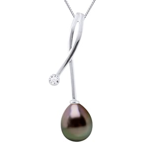 Colgante de diamantes 0.020 CTS Cultured Pearl Tahiti Pear 8-9 mm de oro blanco