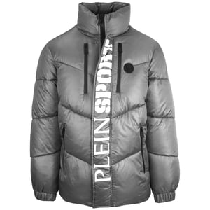 Plein Sport Chaqueta gris acolchada brillante con logo vertical atrevido