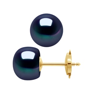 Pendientes Pearas cultivadas Agua dulce 9-10 mm Sistema de seguridad negra Oro amarillo