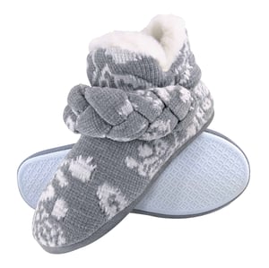 Dunlop - Ladies Knitted Warm Fleece Plush Slippers Boots/Booties in Grey Fairisle and Pink Cord Styles
