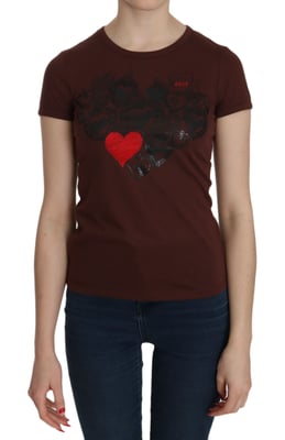 Blusa de manga corta de cuello redondo con estampado de corazones para mujer Exte en marrón