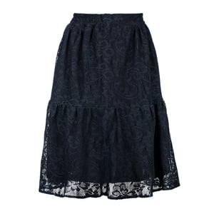 Falda midi de jacquard negro con encaje – Poliéster texturizado suave, por debajo de la rodilla, cintura elástica