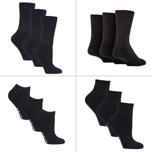 Paquete de 12 Pares de Calcetines Diabéticos para Todo el Año | IOMI | Calcetines Extra Anchos para Tobillos, Piernas y Pies Hinchados | Calcetines Tobilleros para Diabéticos en Algodón y Bambú - Negro
