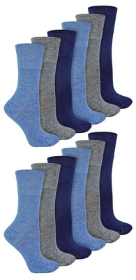 IOMI - Paquete múltiple de 12 pares de calcetines diabéticos de bambú para mujer, sin costuras y sin elástico en la parte superior - Azul
