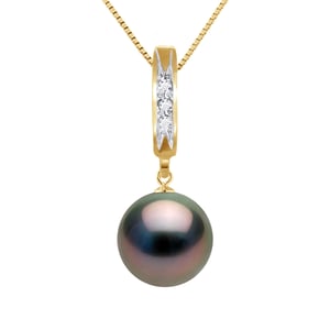 Diamantes de collar 0.03 CTS Pearl Tahiti Ronda 9-10 mm de oro blanco