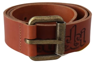 Cinturón Just Cavalli para mujer de cuero marrón con hebilla de metal rustico bronce y logo