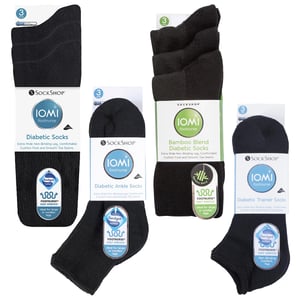 Paquete de 12 Pares de Calcetines Diabéticos para Todo el Año | IOMI | Calcetines Extra Anchos para Tobillos, Piernas y Pies Hinchados | Calcetines Tobilleros para Diabéticos en Algodón y Bambú - Negro