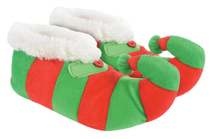 Novedad Niños Navidad Elfo Zapatillas | Funky Fleece Linied Red & Green Striped Xmas Slippers for Kids - Red & Green