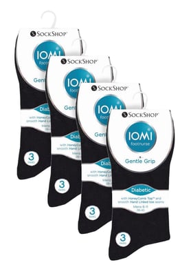 12 Pares Multipack Gentle Grip Top Diabetic Socks | IOMI | Mid Calf Loose Top Non Elastic Cotton Socks with Handlinked Seamless Toe - Black