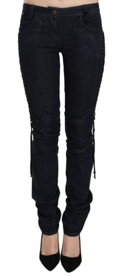 Just Cavalli Pantalones Skinny de Cintura Baja Negros con Cuerdas Trenzadas
