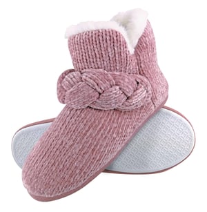 Dunlop - Ladies Knitted Warm Fleece Plush Slippers Boots/Booties in Grey Fairisle and Pink Cord Styles