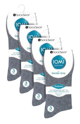 12 Pares Multipack Gentle Grip Top Diabetic Socks | IOMI | Mid Calf Loose Top Non Elastic Cotton Socks with Handlinked Seamless Toe - Black / Navy / Grey