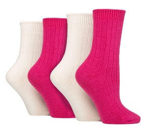 Paquete de 4 calcetines de lana de cachemira para mujer | Wildfeet | Calcetines de lana acanalados - Vino/Crema