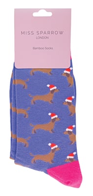 Miss Sparrow - Calcetines de Navidad para Mujer | Calcetines de Perro Salchicha - Perro Santa (Denim)