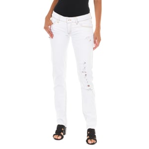 Pantalon Tejano Largo efecto roto y bajos estrechos E014152 mujer