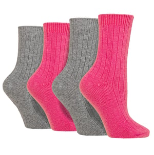 Paquete de 4 calcetines de lana de cachemira para mujer | Wildfeet | Calcetines de lana acanalados - Rosa/Gris