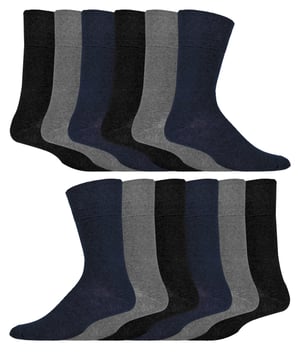 12 Pares Multipack Gentle Grip Top Diabetic Socks | IOMI | Mid Calf Loose Top Non Elastic Cotton Socks with Handlinked Seamless Toe - Black / Navy / Grey