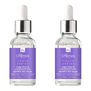 skinChemists Serie Juvenil Suero para Piel Sensible Sangre de Dragón 5%, Centella Asiática 3%, Aceite de Onagra 1% 30ml x 2 Paquete Dúo