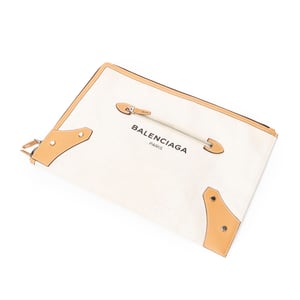 Balenciaga Logo Zip Clutch  en Beige/Bronceado Lienzo