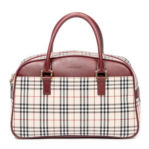 Burberry Front Pocket Boston  en Beige/Burdeos Lienzo