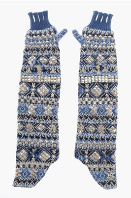 Guantes de punto sin dedos, largos y cálidos, con tachuelas, en azul, blanco, azul y multicolor.