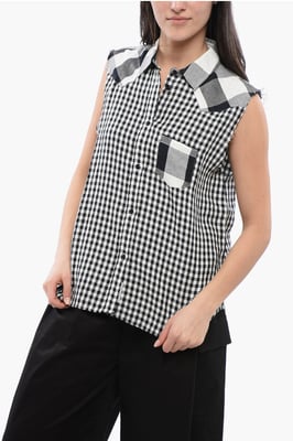 Camisa de lino sin mangas con estampado de cuadros vichy en blanco y negro