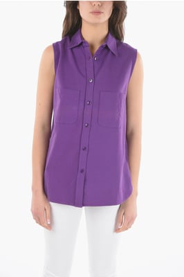 Camisa larga sin mangas de algodón con bolsillos dobles en el pecho en violeta