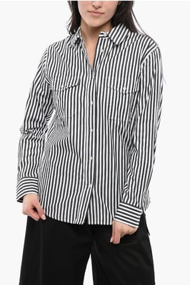 Camisa sahariana de hilo a rayas Awning en blanco y negro